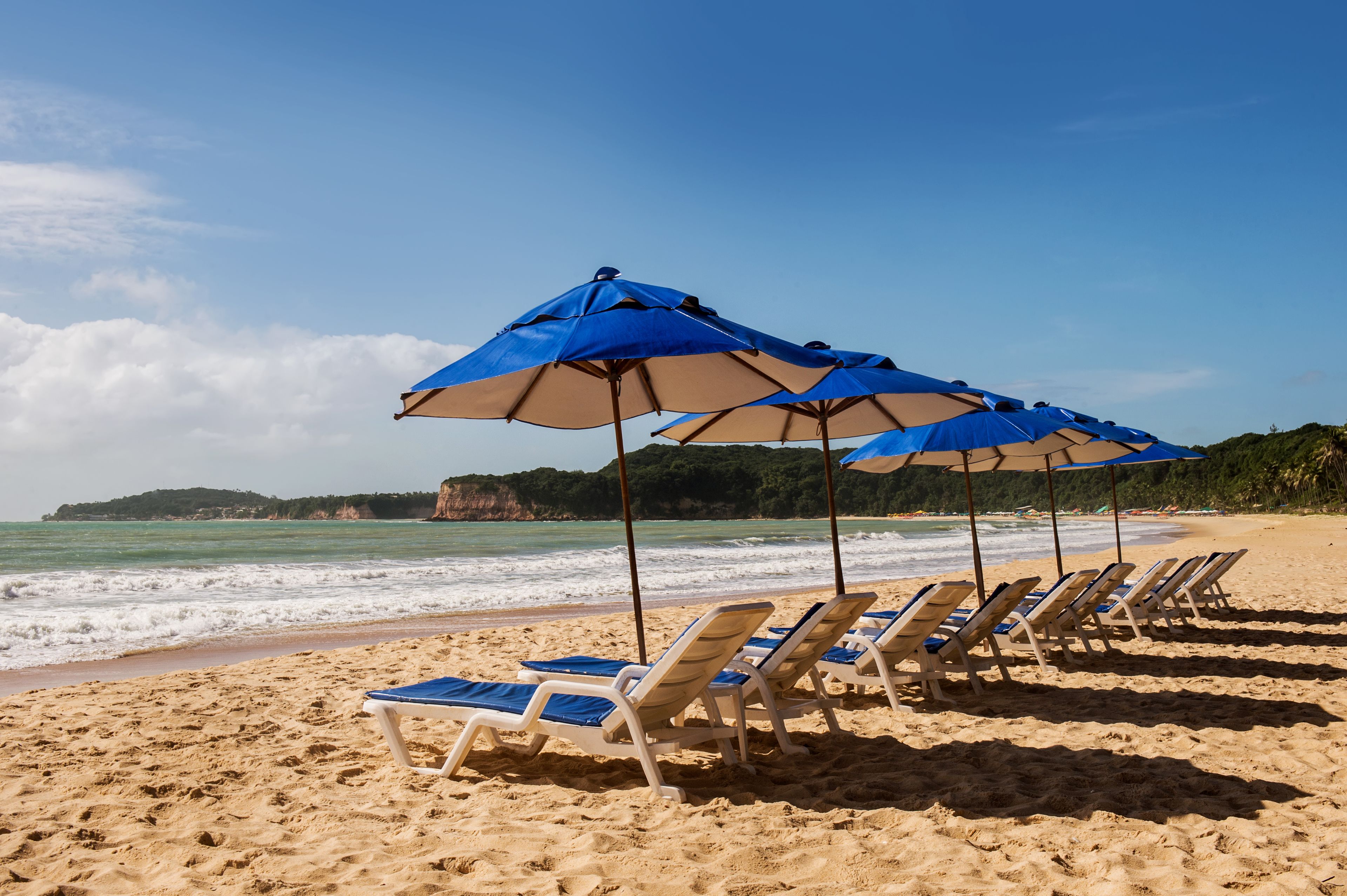 Une plage bordée de rangées de chaises longues et d’ombrelles bleues.