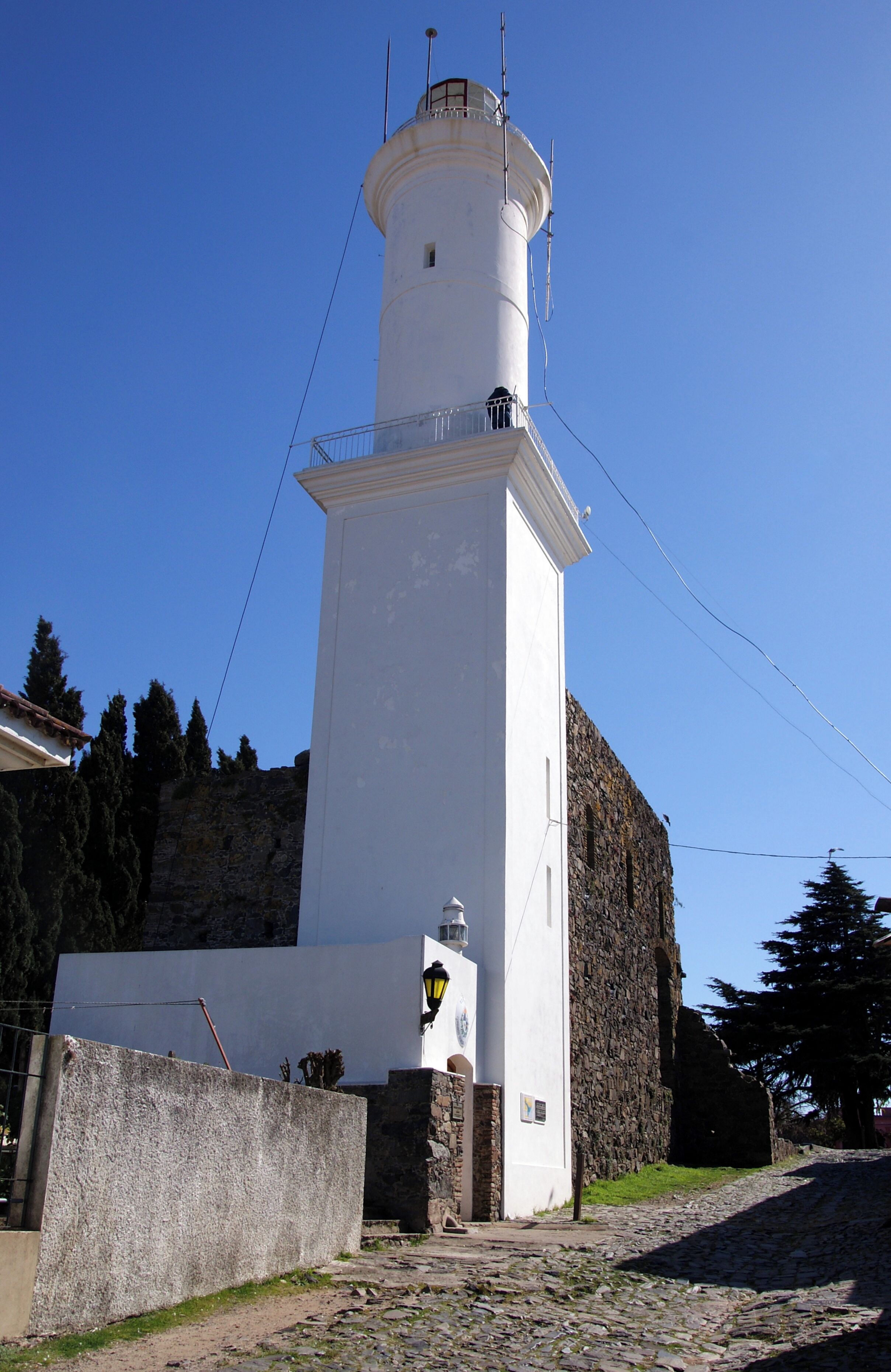 A white lighthouse with a stone base, a lantern room, and a clear blue sky in the background.