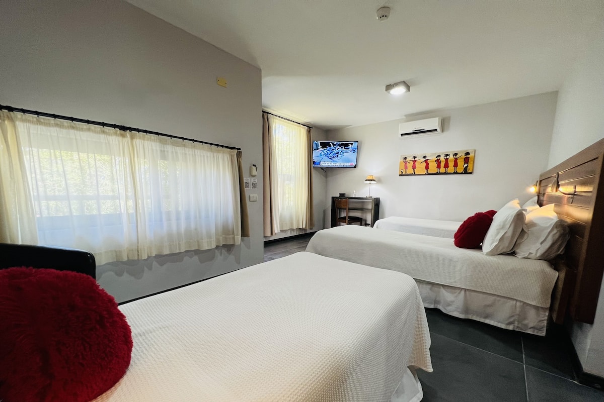 Una habitación de hotel con dos camas, televisión, escritorio y un cuadro en la pared.