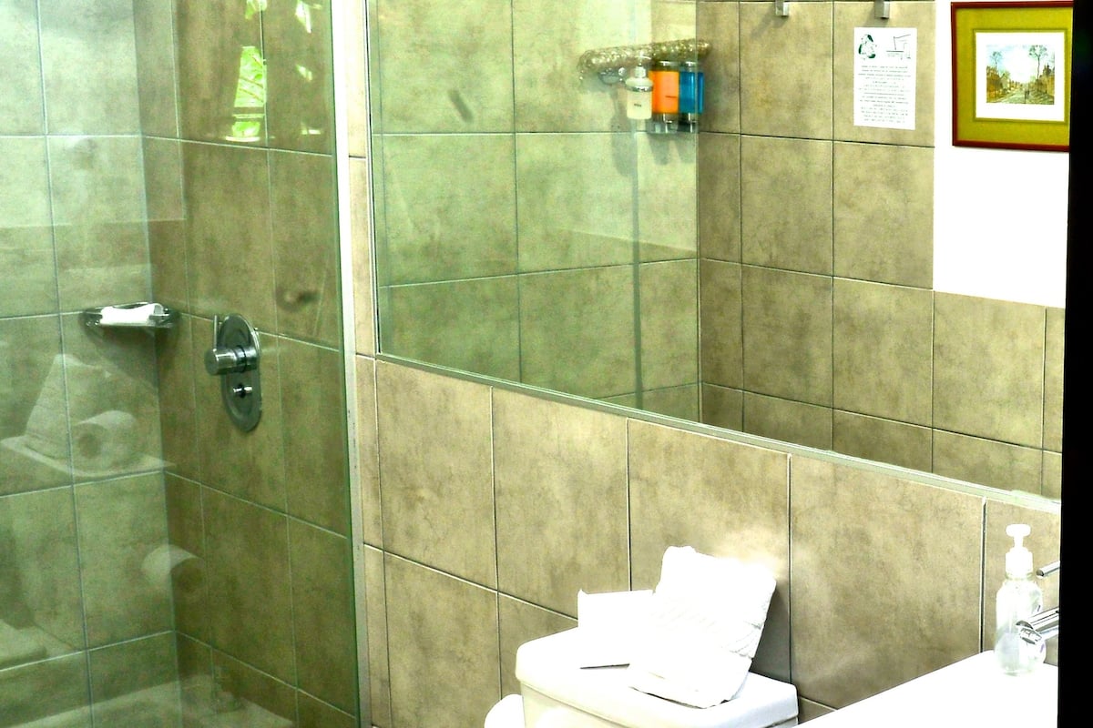 shower, rainfall showerhead, free toiletries, hair dryer