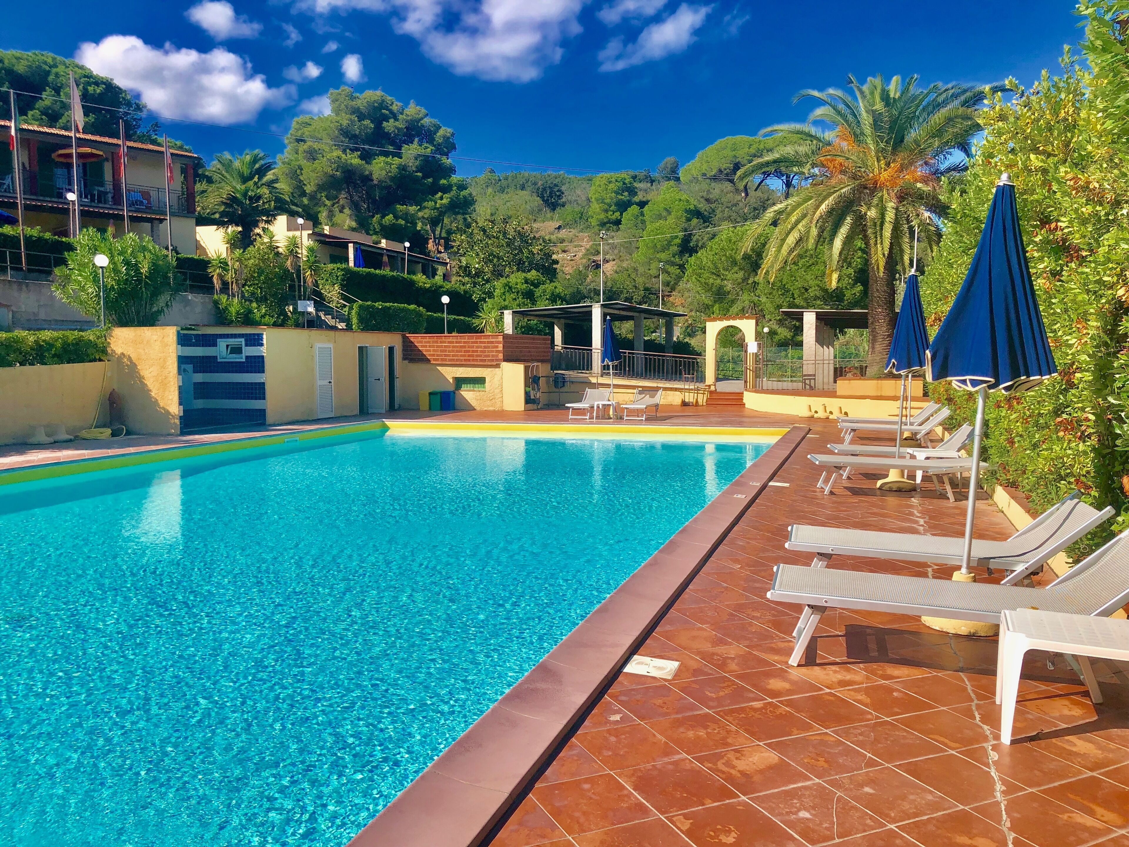 Ein klares Schwimmbecken mit Liegestühlen und Sonnenschirmen, umgeben von Grünflächen und Gebäuden.