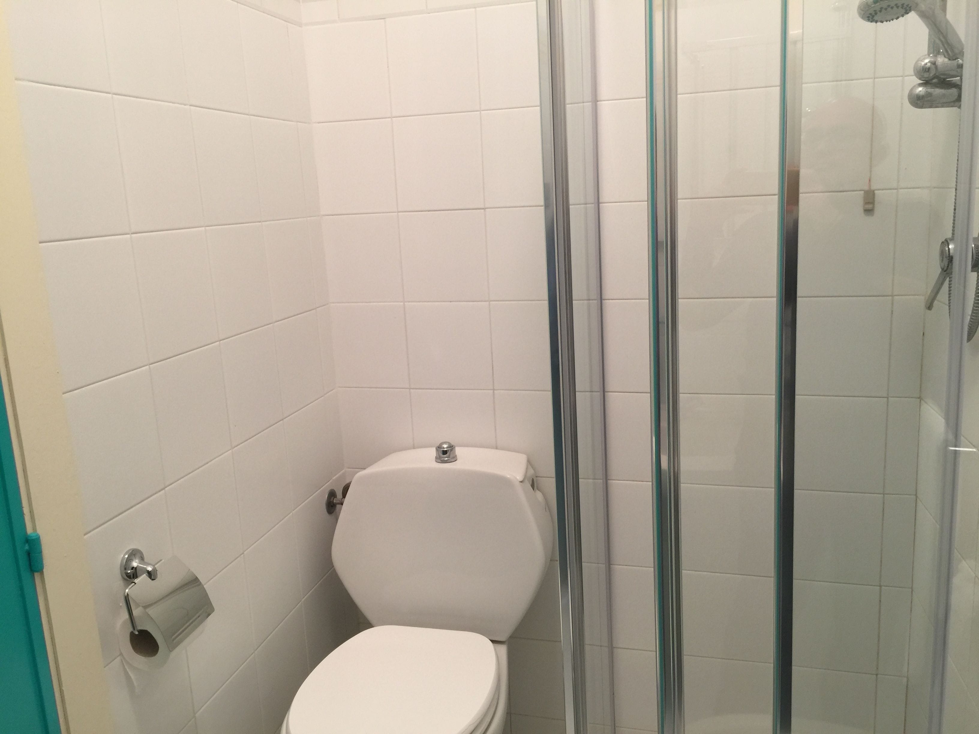 A bathroom with a toilet, a glass shower enclosure, and a toilet paper holder.