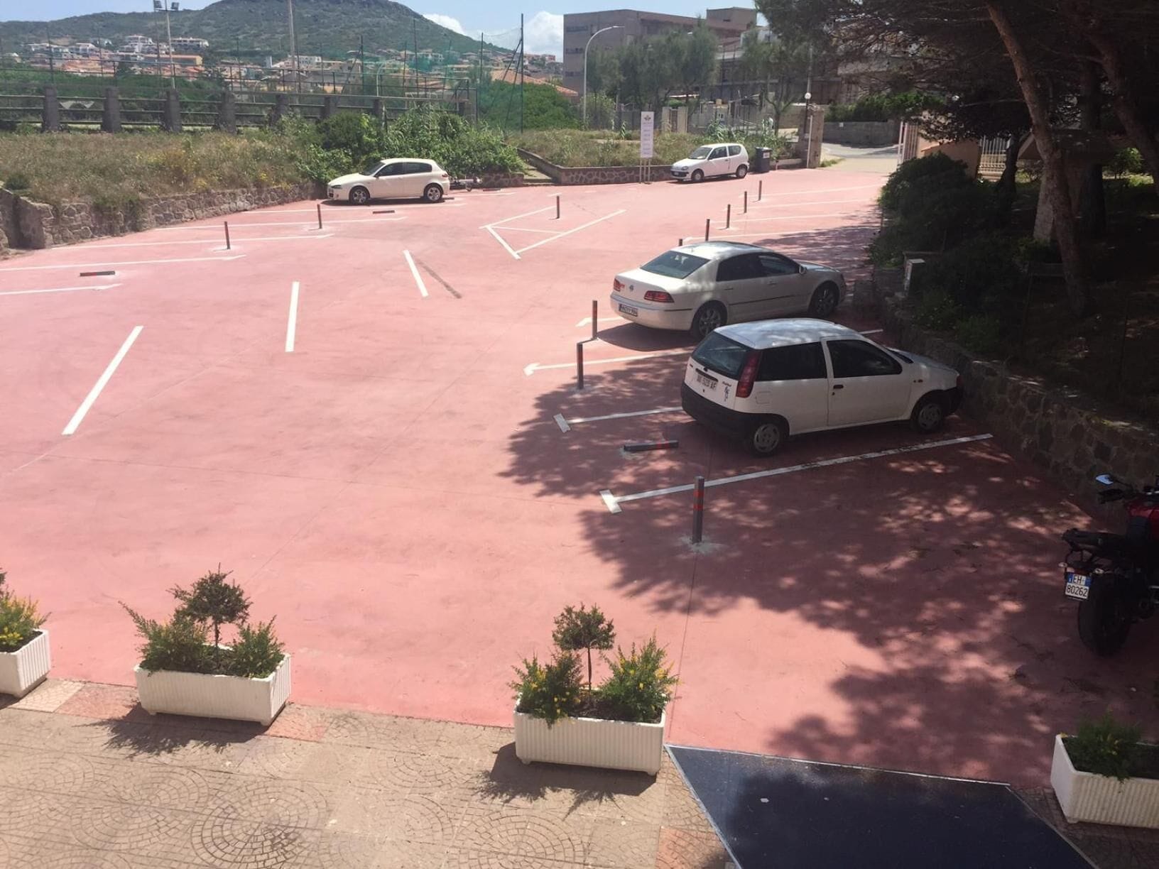 Un estacionamiento con varios coches blancos aparcados, rodeado de plantas en macetas y un camino pavimentado.