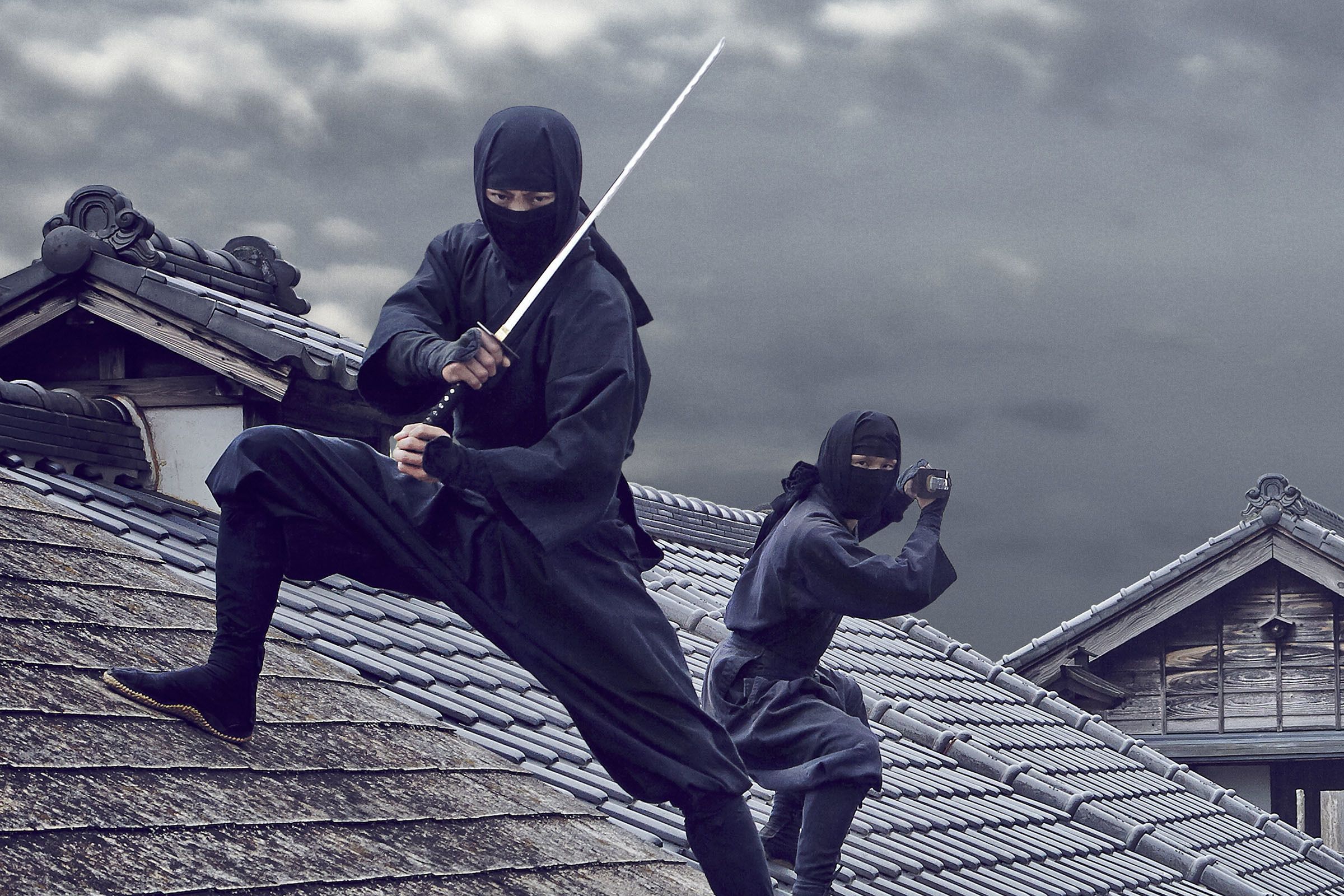 Twee personen in ninja-kleding op een traditioneel betegeld dak, met houten gebouwen op de achtergrond.