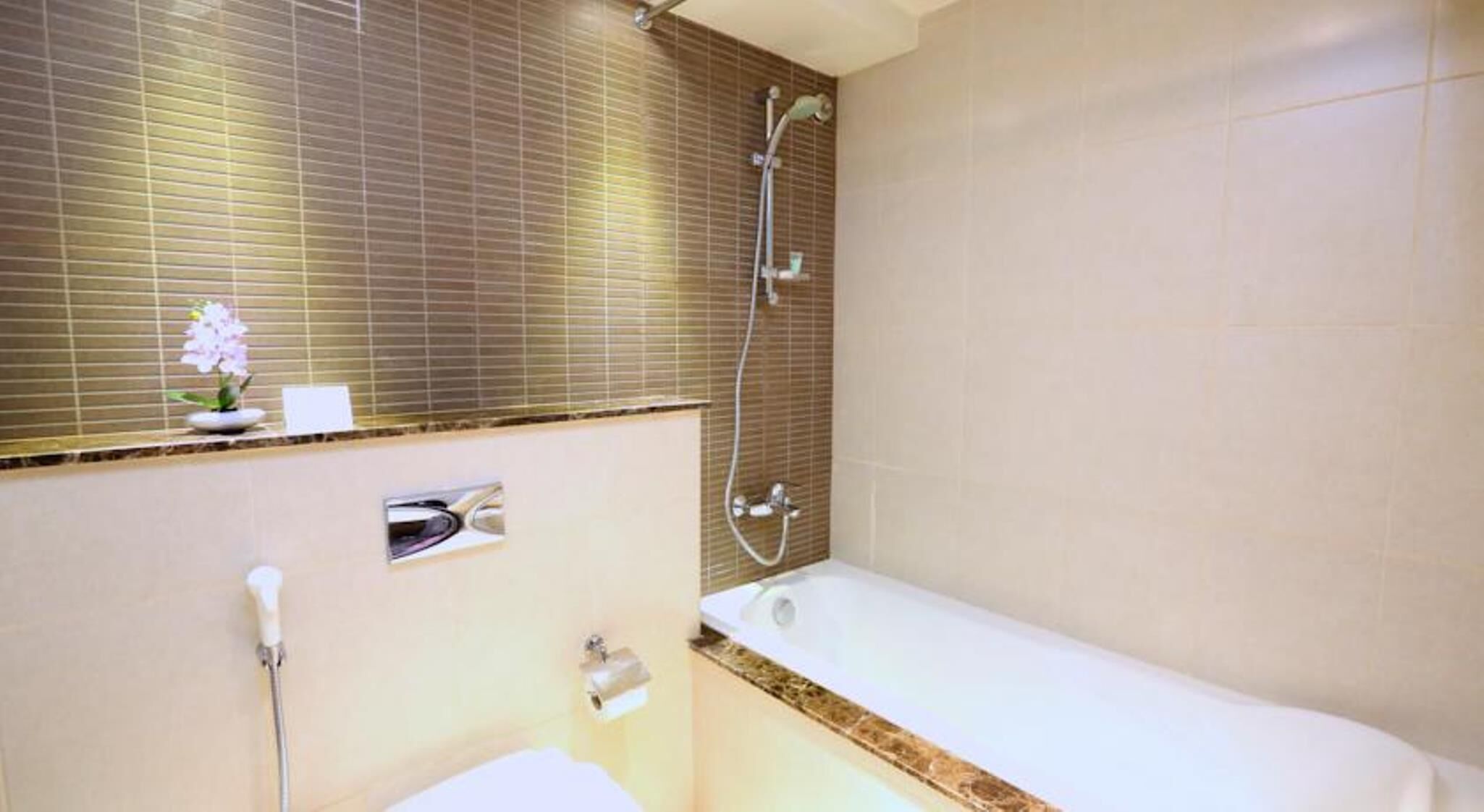 A bathroom with a bathtub, a shower, and a toilet.