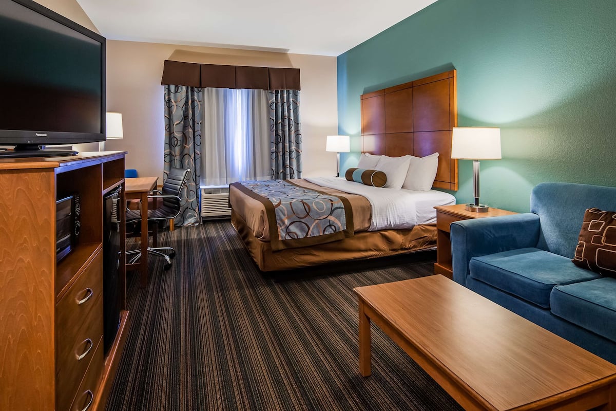 A hotel room with a bed, a desk, a television, a sofa, and a lamp.