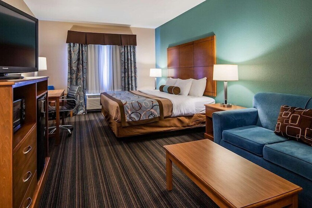 A hotel room with a bed, a desk, a television, a sofa, and a lamp.