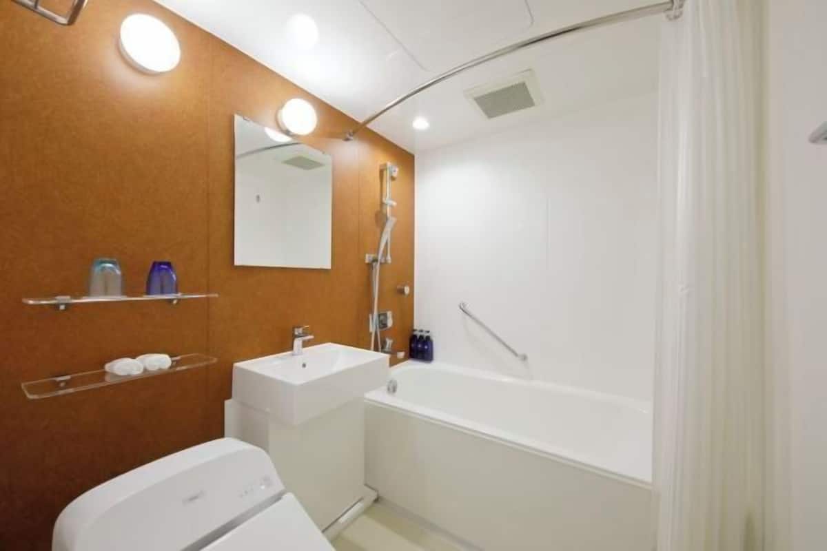Combined shower/tub, free toiletries, hair dryer, bathrobes