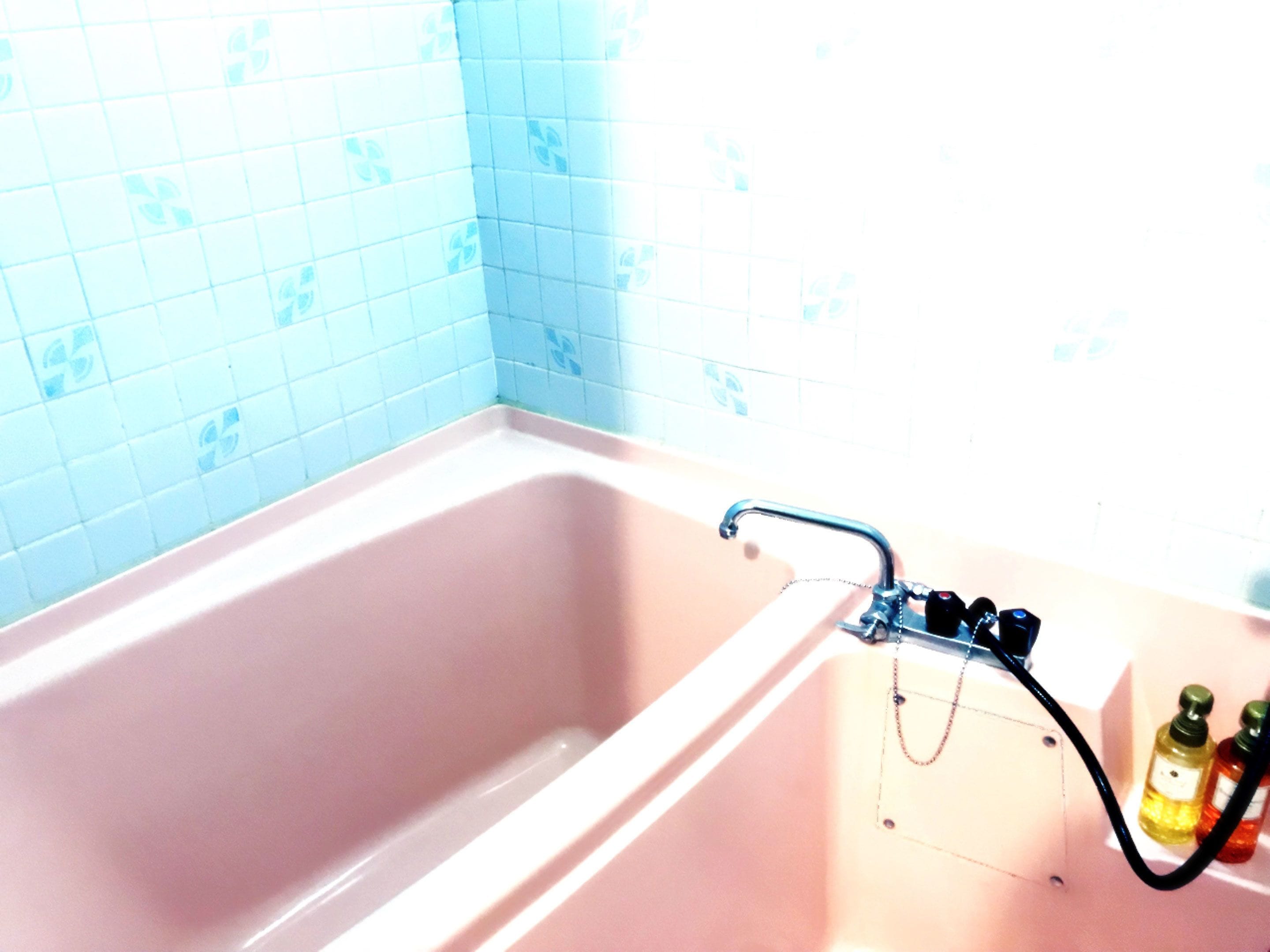 Un baño con bañera, grifo y dos botellas de jabón líquido a un lado.