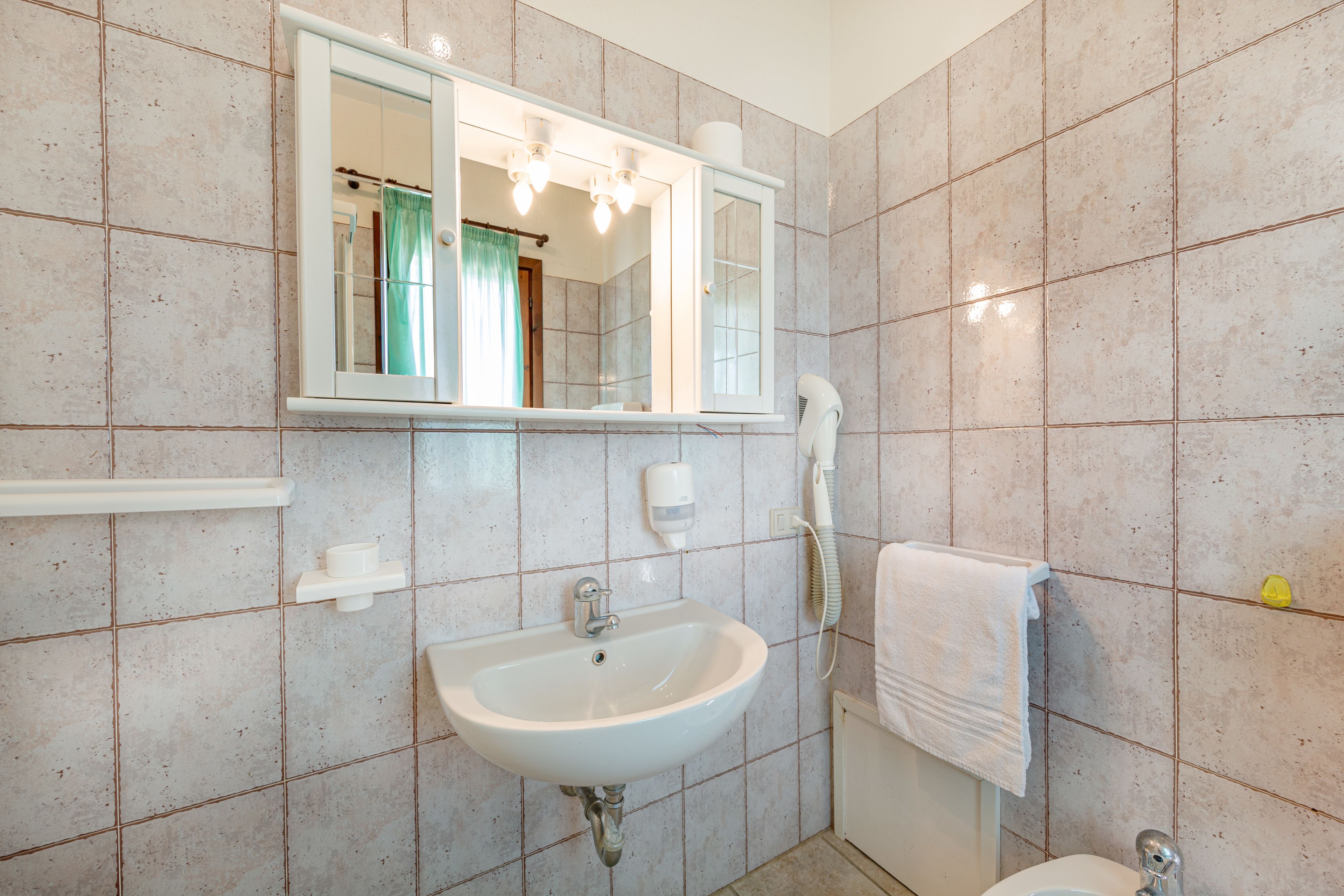 Ein Badezimmer mit einem weißen Waschbecken, einem Spiegel, einem Handtuchhalter und einer Toilette.