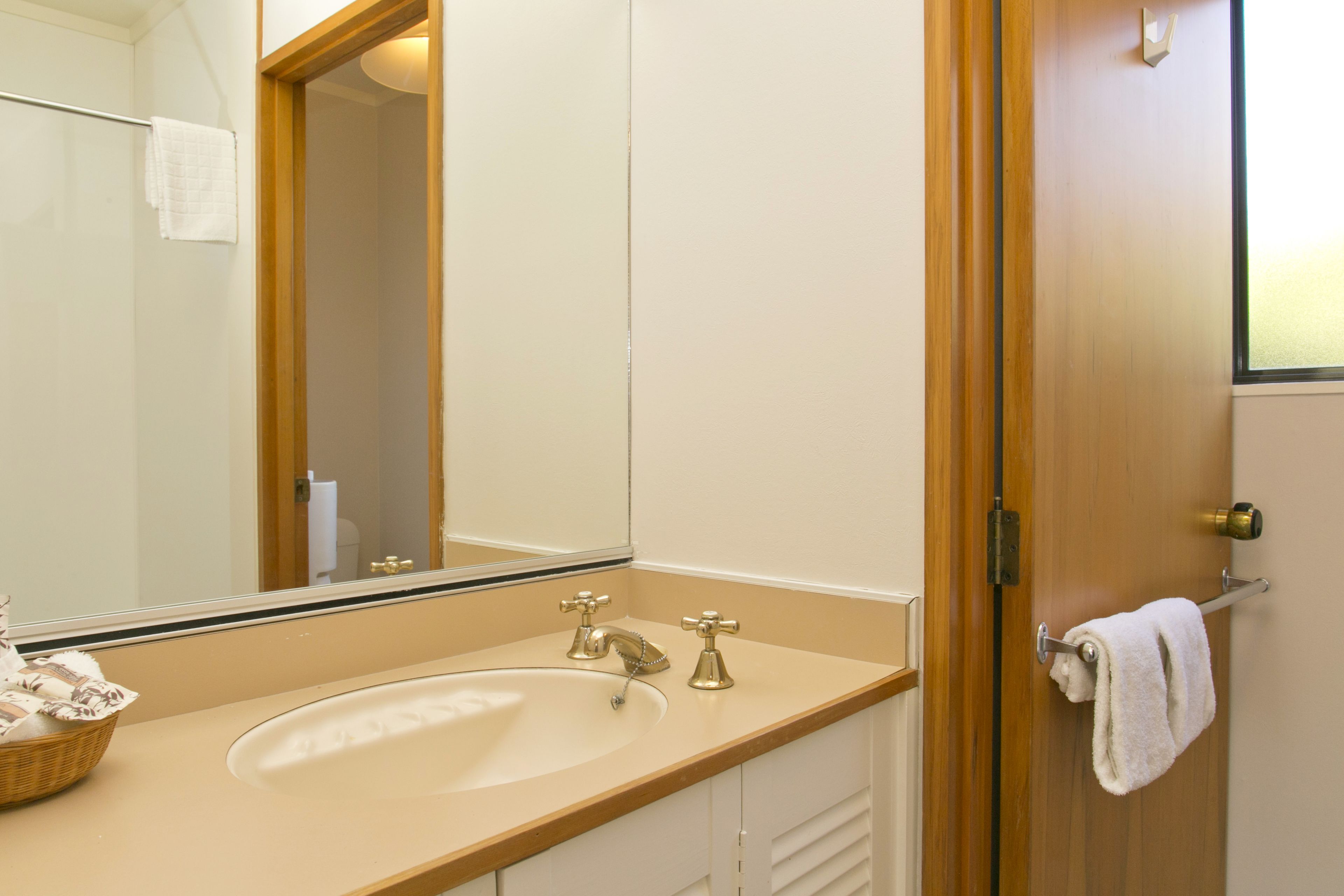 A bathroom with a sink, mirror, towel rack, and a wooden door.