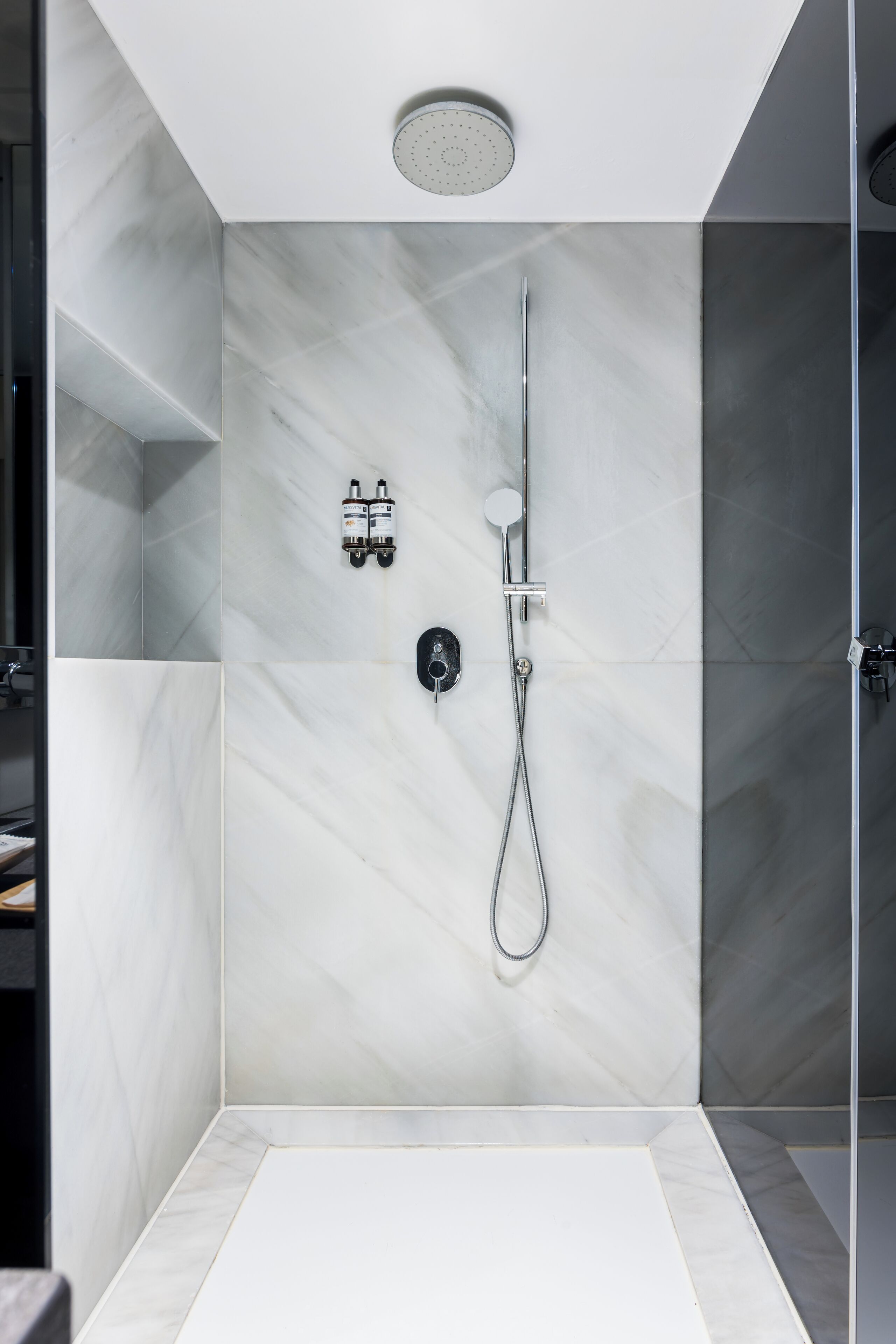 A modern shower area with a rain showerhead, handheld showerhead, and two bottles of shampoo.
