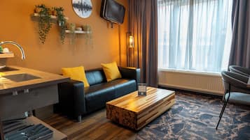 Desk, laptop workspace, blackout drapes, iron/ironing board