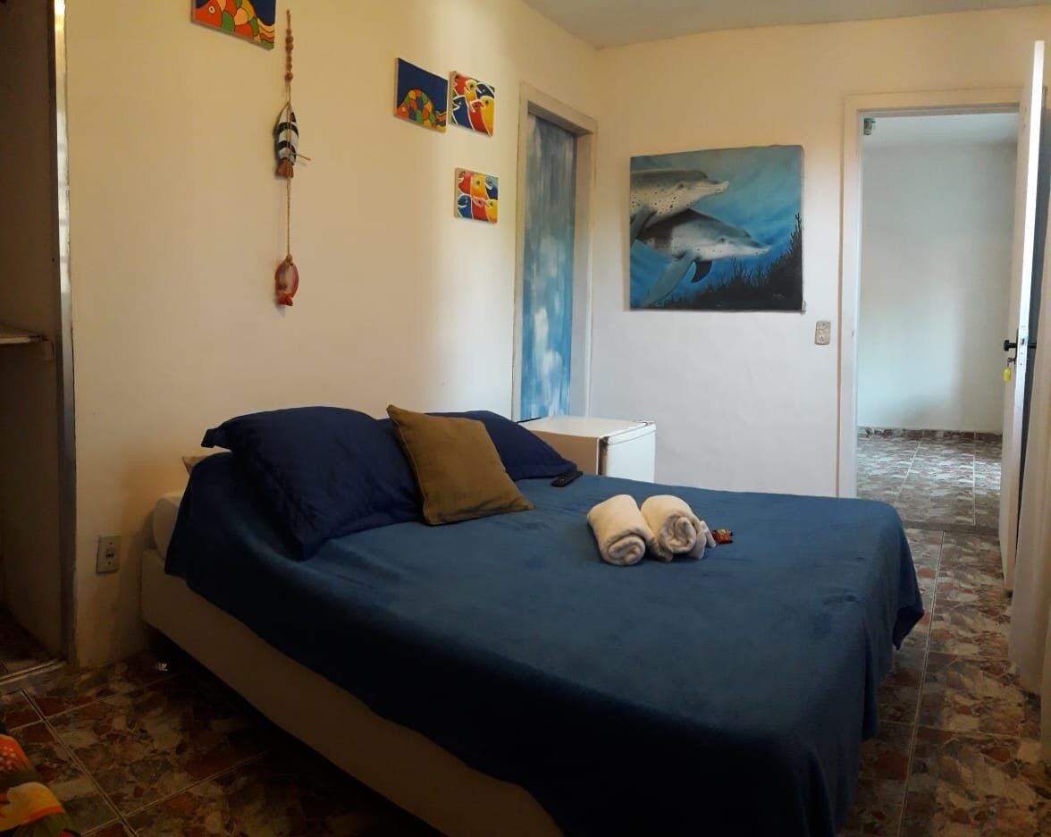 Une chambre à coucher avec un lit, des oreillers, un tableau et une porte.