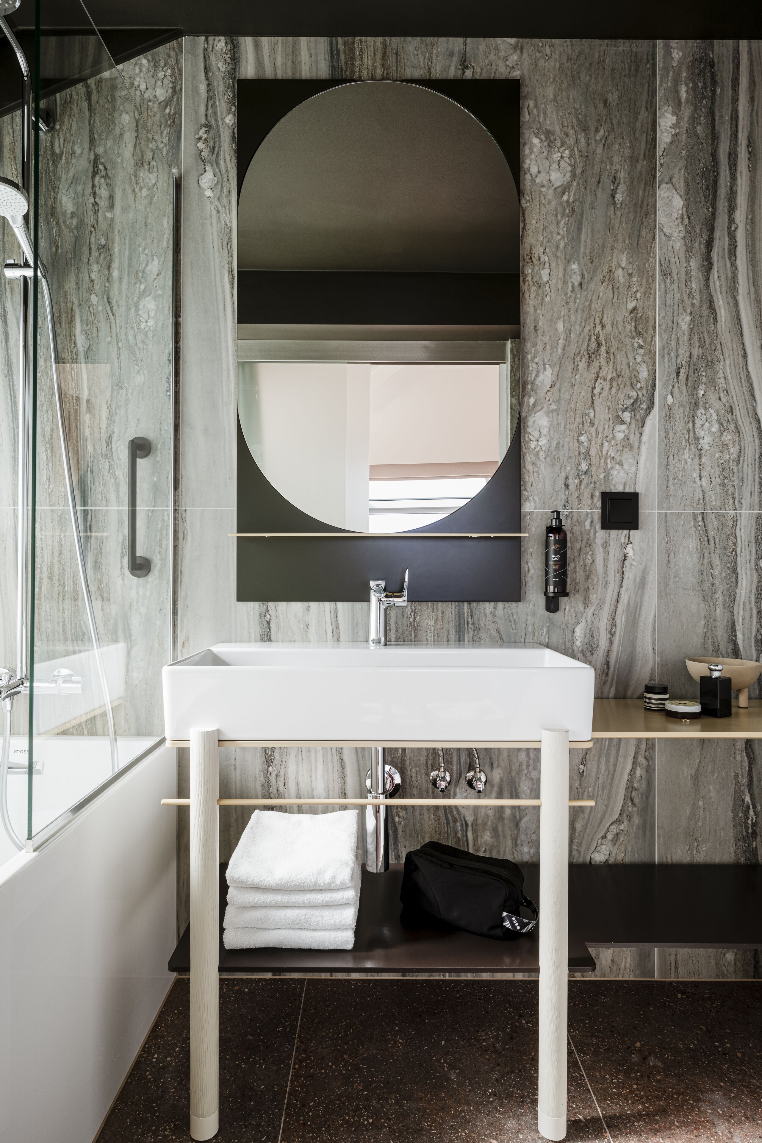 designer toiletries, hair dryer, heated floors, towels