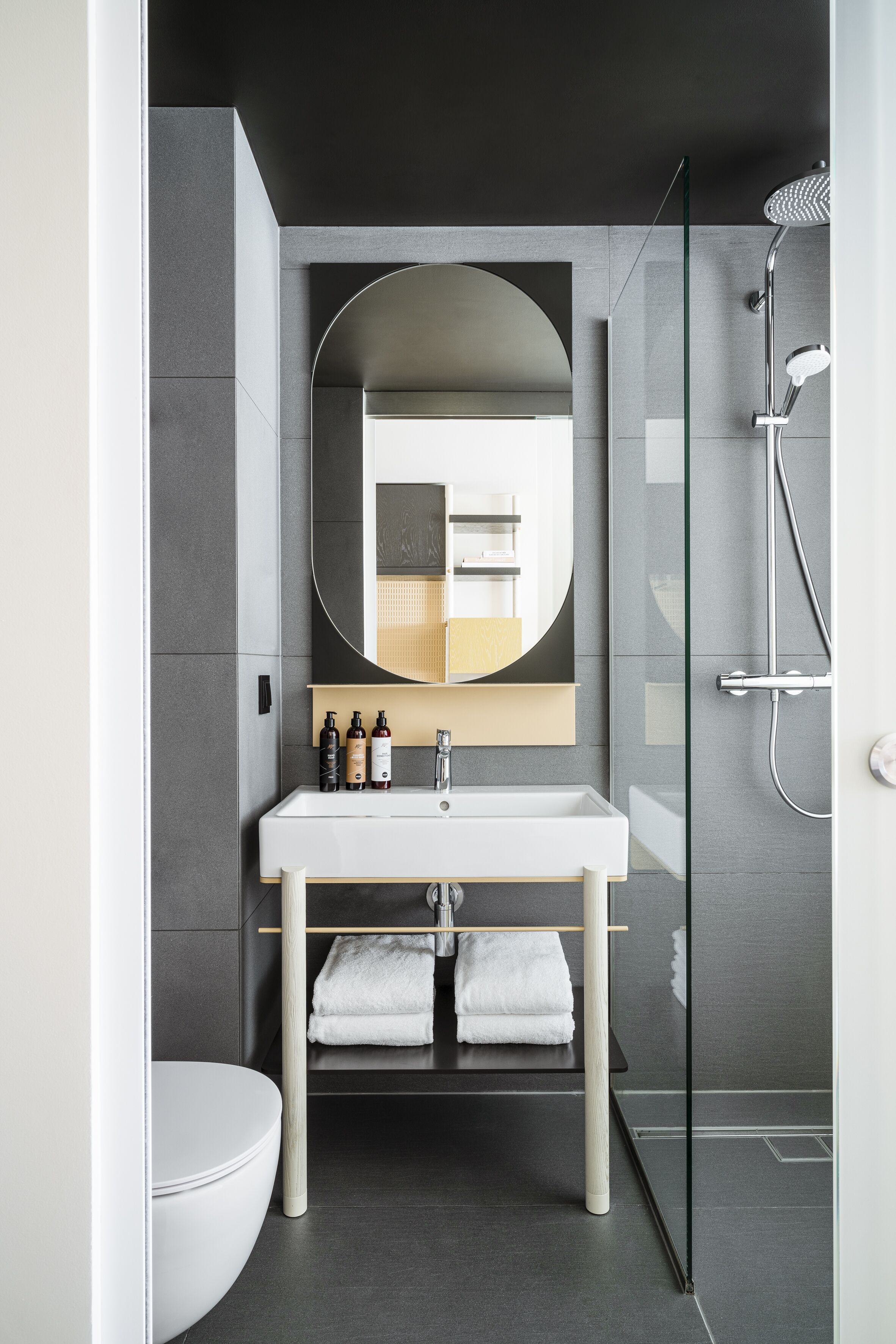 designer toiletries, hair dryer, heated floors, towels