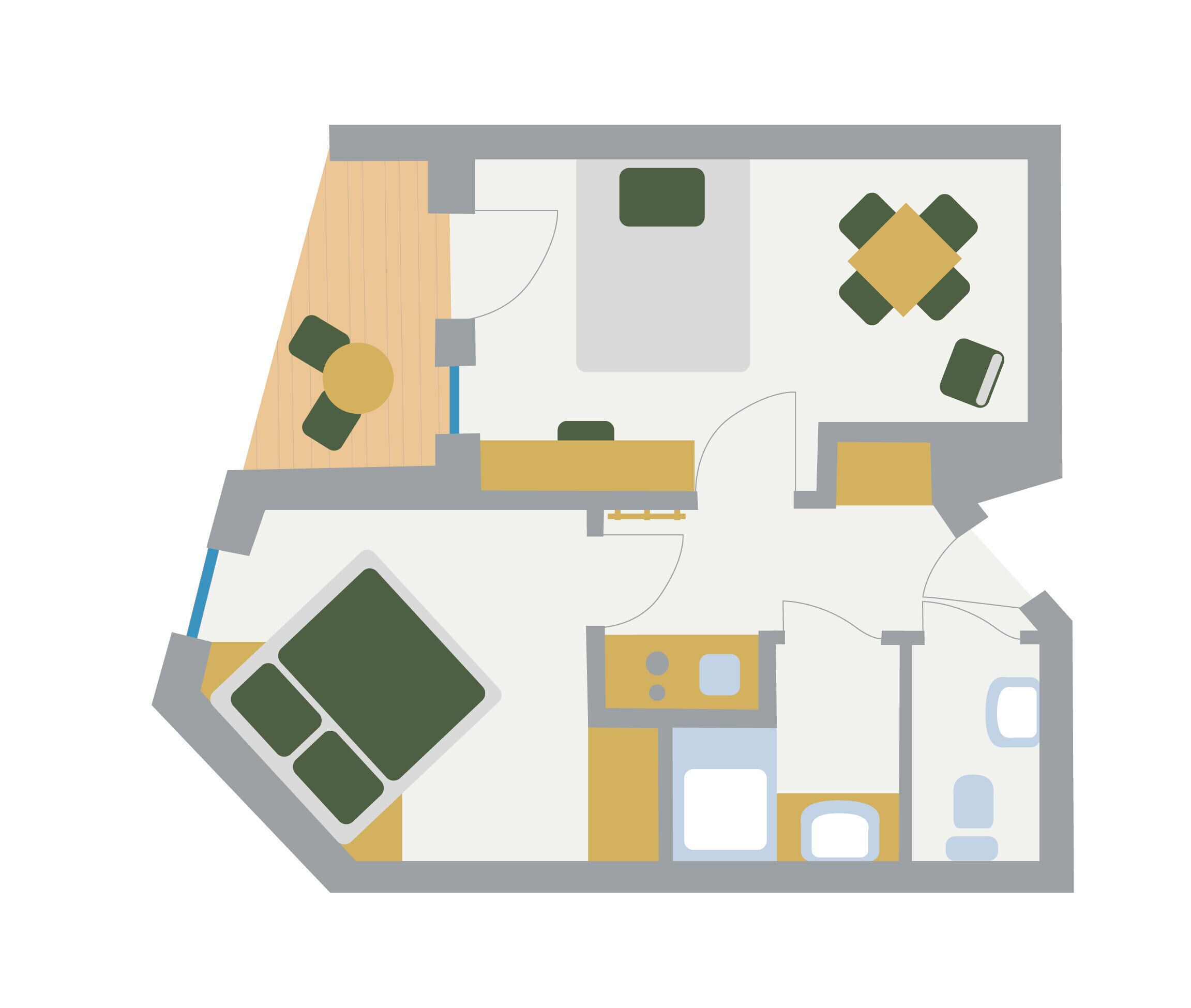Plano de un cuarto de hotel con una cama, un escritorio, una silla, una mesita y un baño.