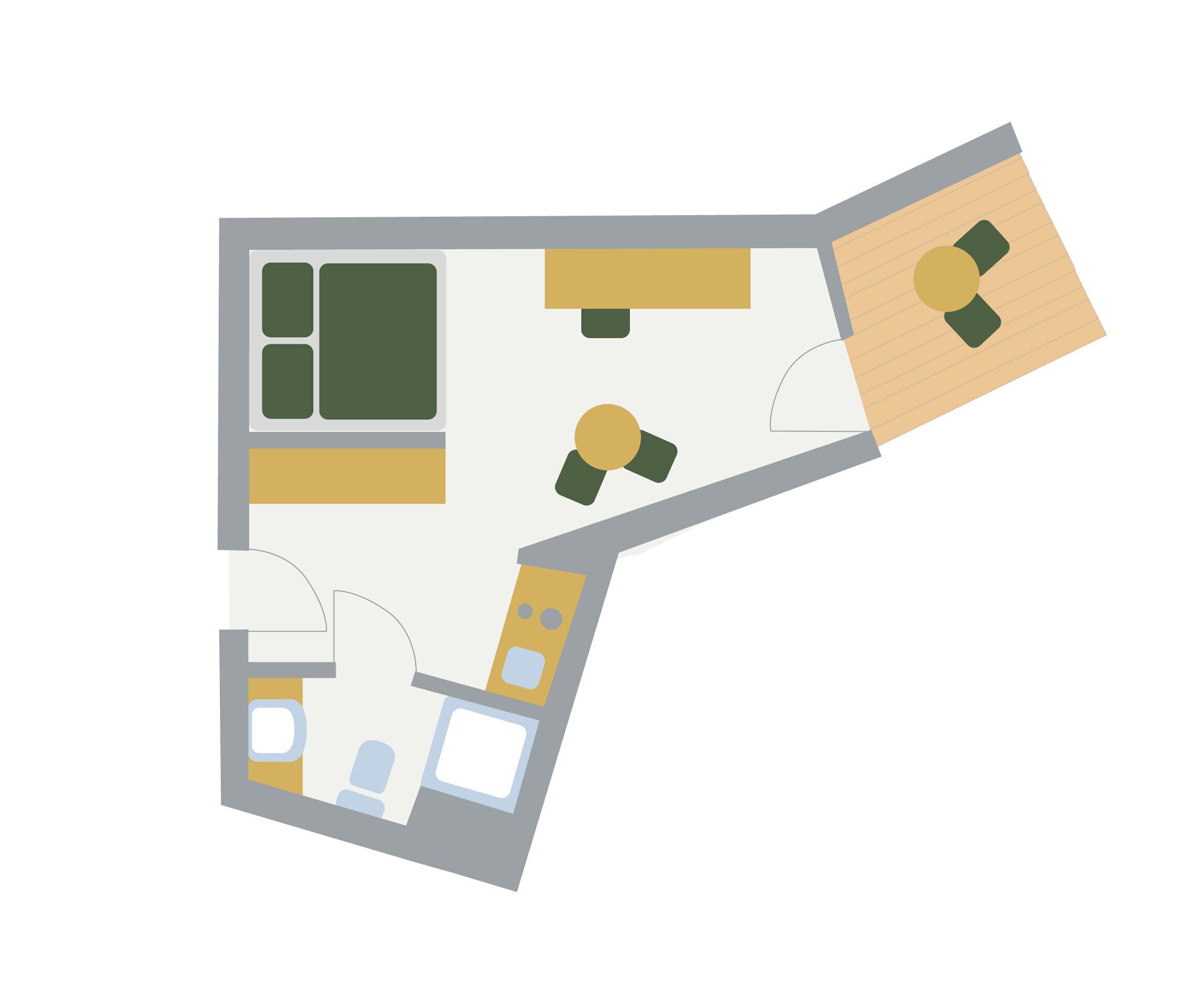 Plano de planta que muestra una cocina, comedor, dos dormitorios y un baño.