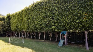 Un espacio con césped, un arco de fútbol, un conjunto de columpios y un seto denso.