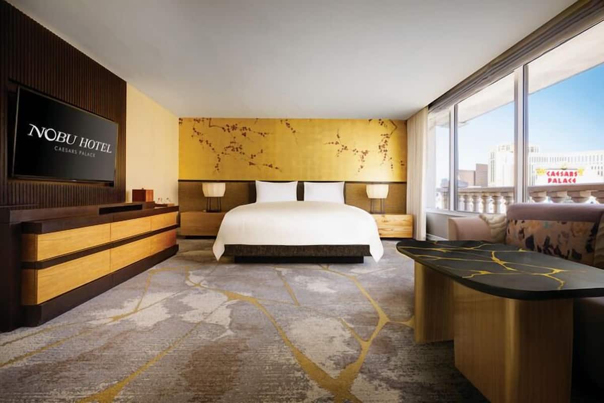 A hotel room with a large bed, a TV, a desk, and a view of the city.
