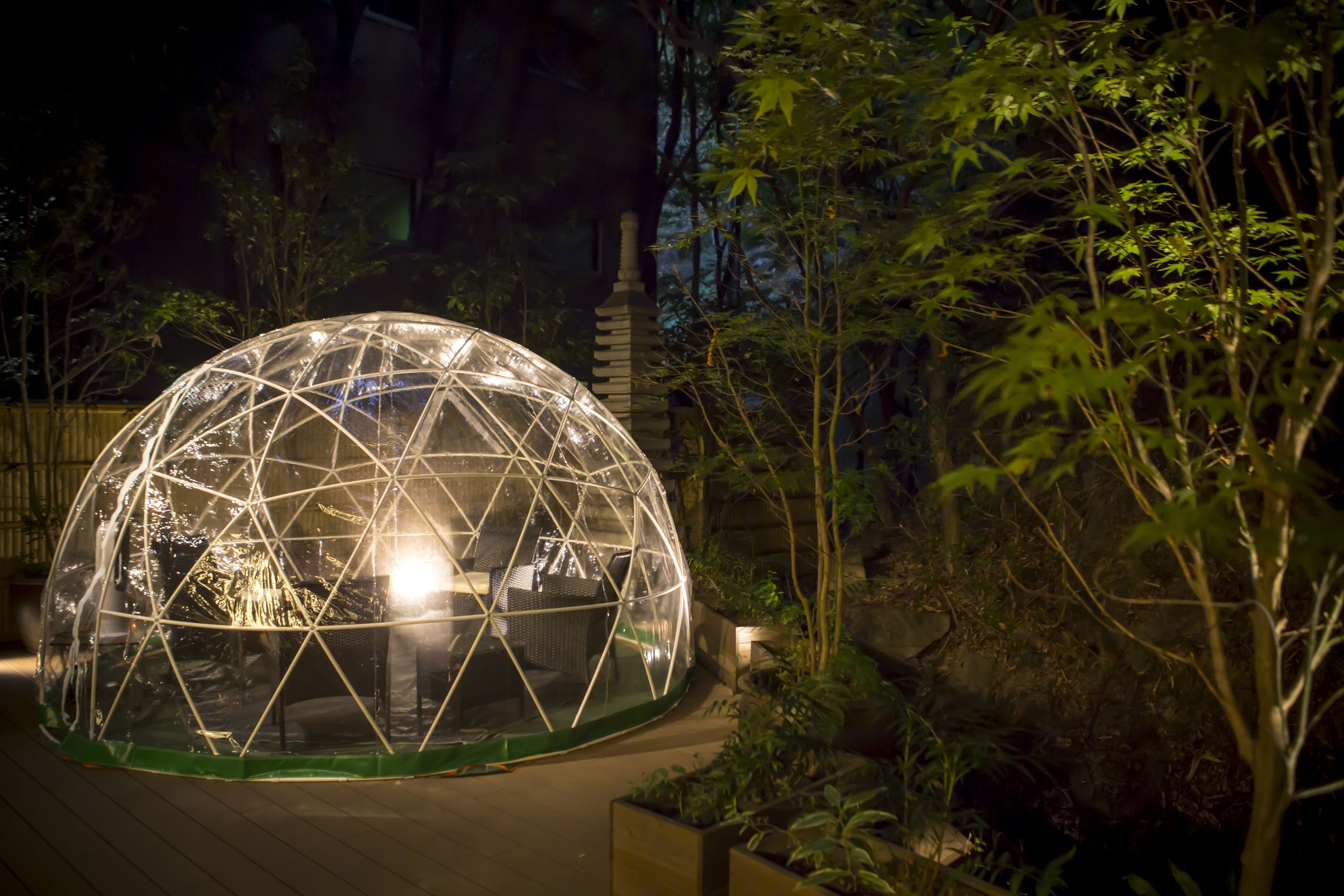 A geodesic dome structure with a central light source, surrounded by greenery and a stone pathway.