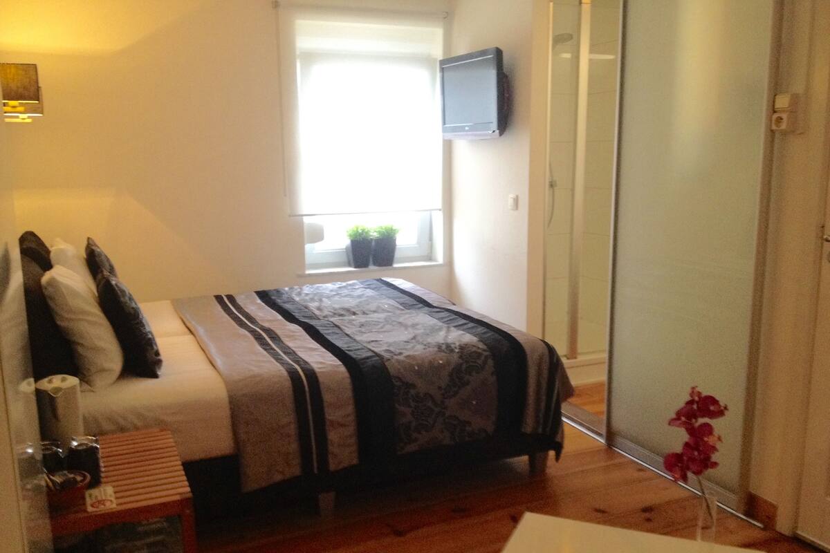 A bedroom with a bed, a TV mounted on the wall, a window with plants, and a wooden floor.
