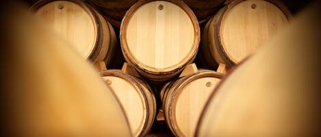A stack of wooden barrels.