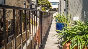 A narrow alleyway with a metal fence, potted plants, and buildings on either side.