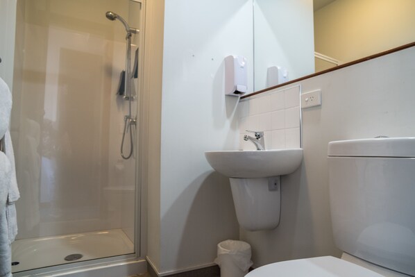 Un baño con cabina de ducha de vidrio, un lavamanos blanco y un inodoro.