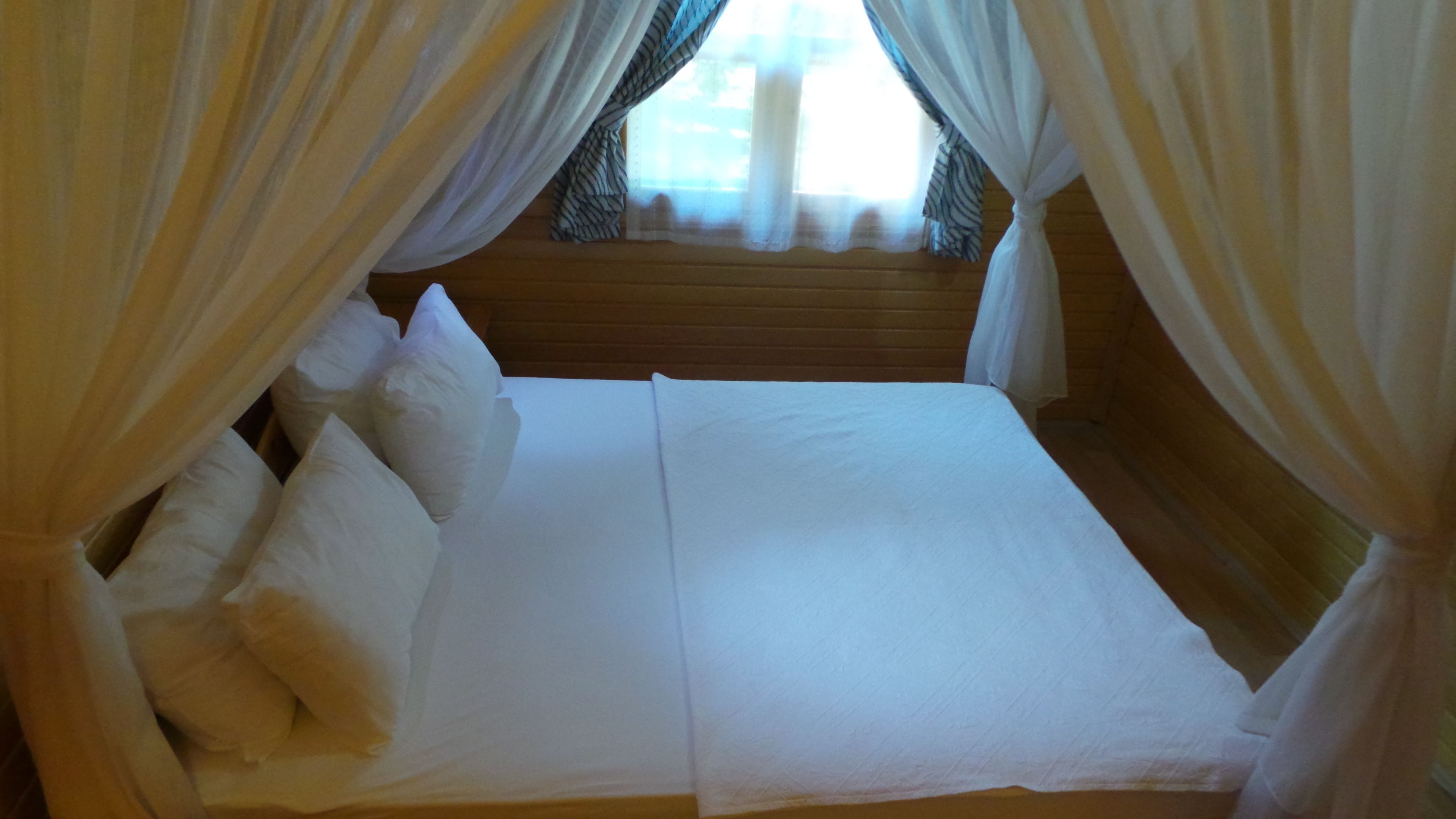 Una cama con sábanas y almohadas blancas, cubierta con cortinas traslúcidas.