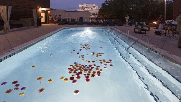 A swimming pool with a clear edge and a shallow end, surrounded by lounge chairs and a covered area. - Hampton Inn & Suites Chapel Hill-Carrboro/Downtown (Carrboro)