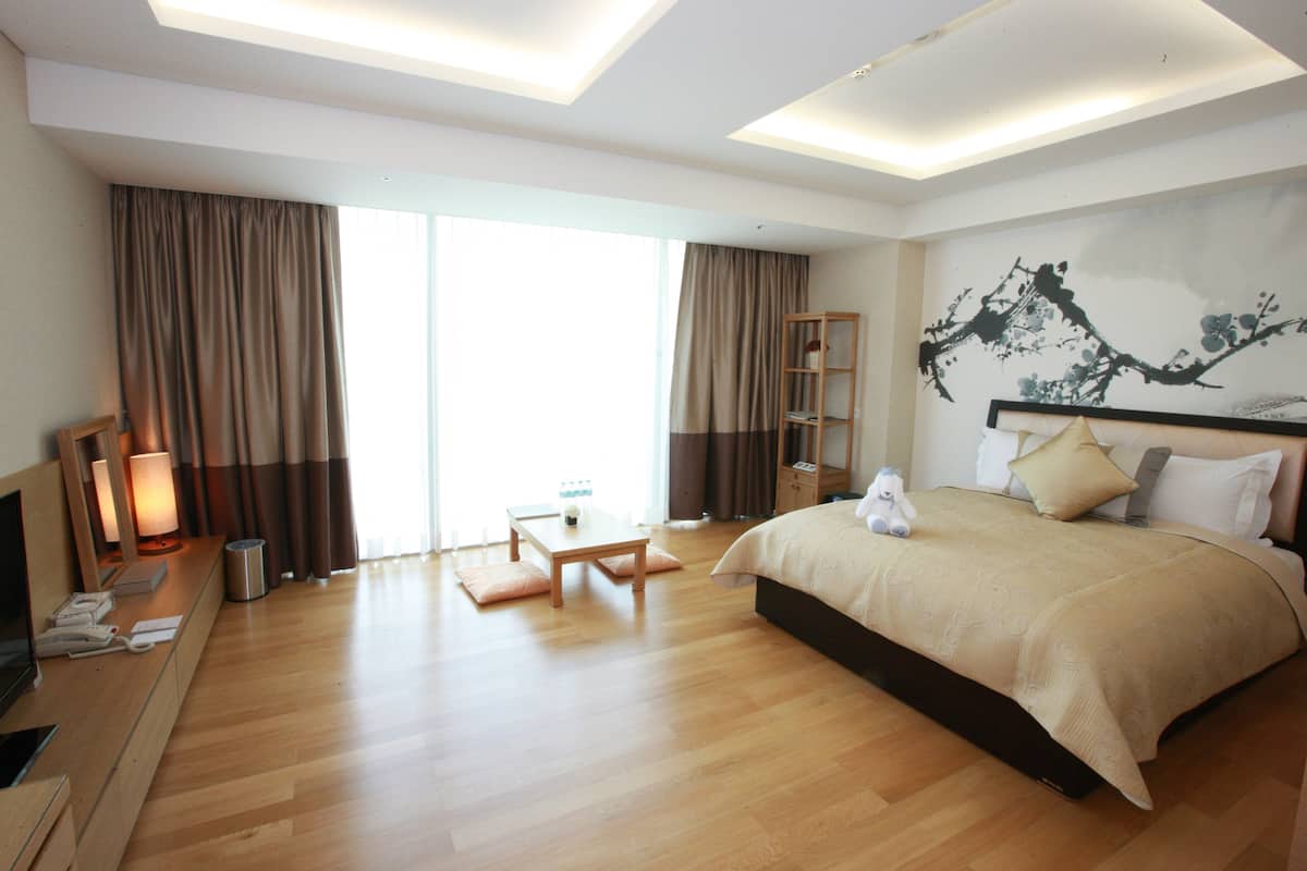A hotel room with a large bed, a desk with a lamp, a TV, and a view of the outdoors.