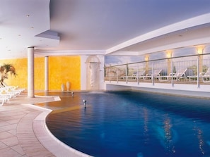 Indoor pool, outdoor pool, pool umbrellas, pool loungers