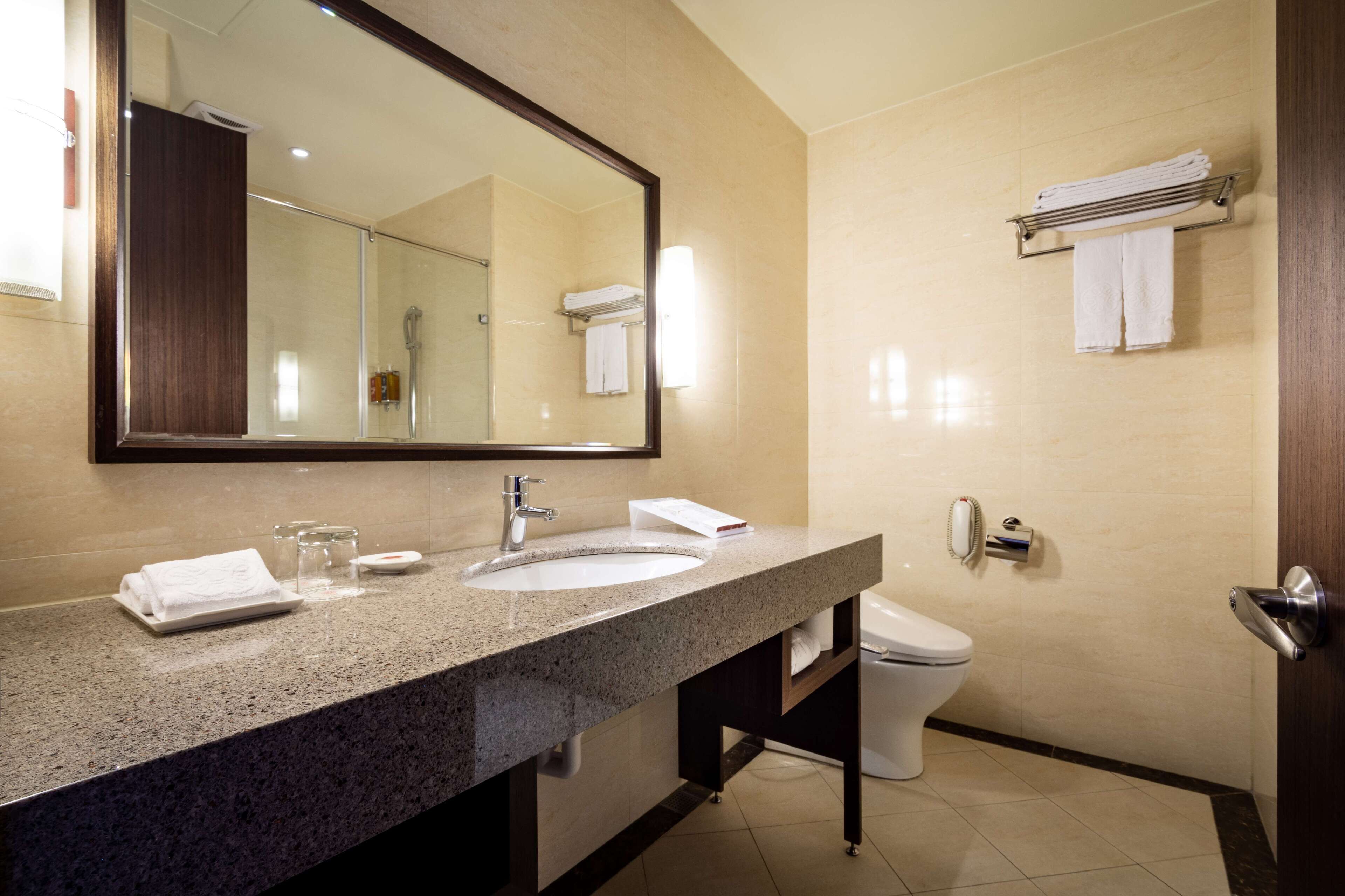 Un baño con lavamanos de granito, espejo, inodoro y toallero.