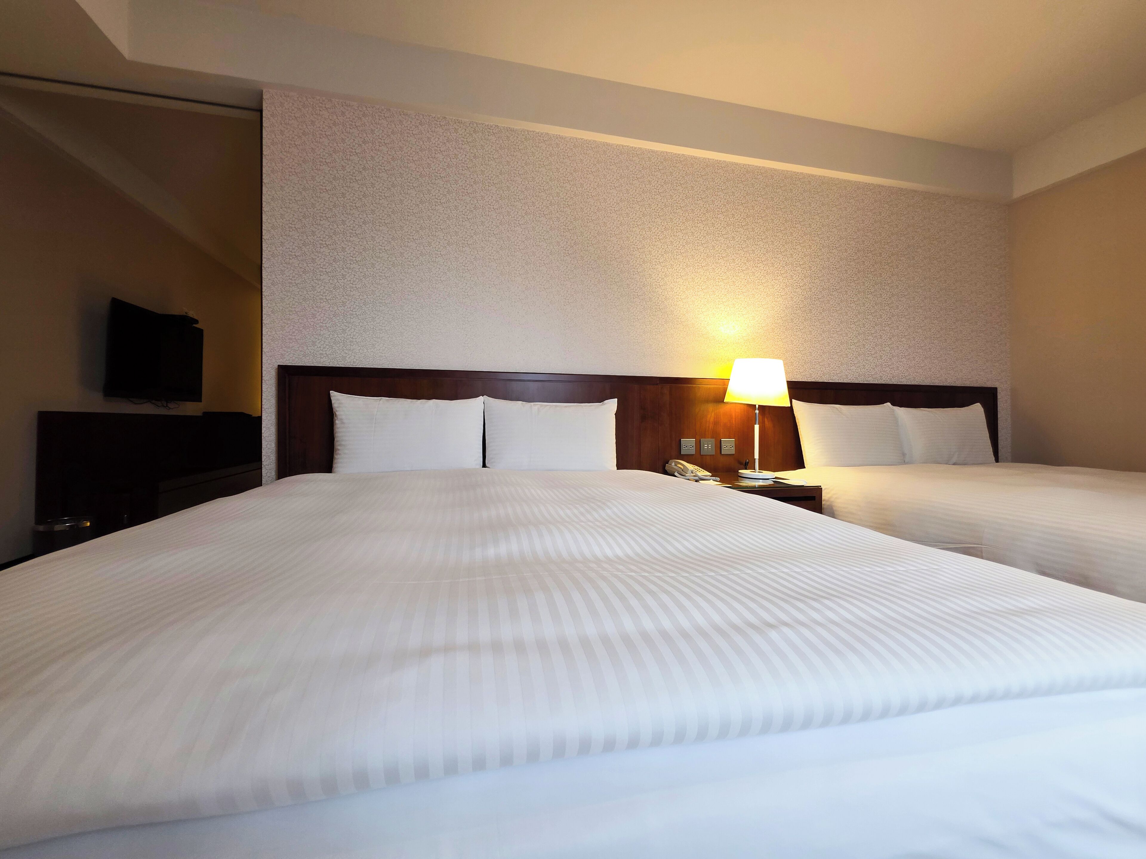 A hotel room with two beds, a nightstand with a lamp, and a television on the wall.