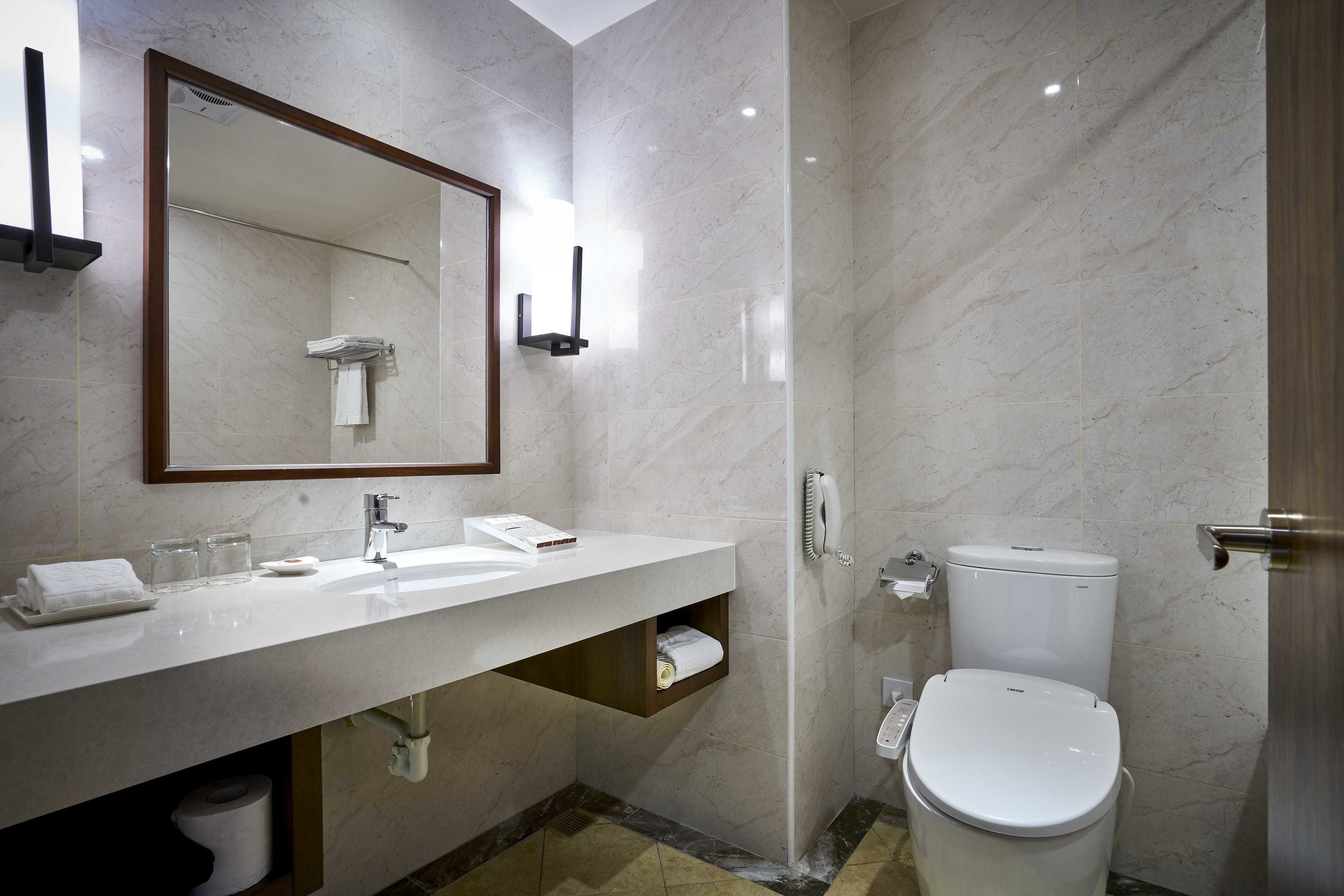 A modern bathroom with a marble sink, a mirror, a toilet, and a shower area.