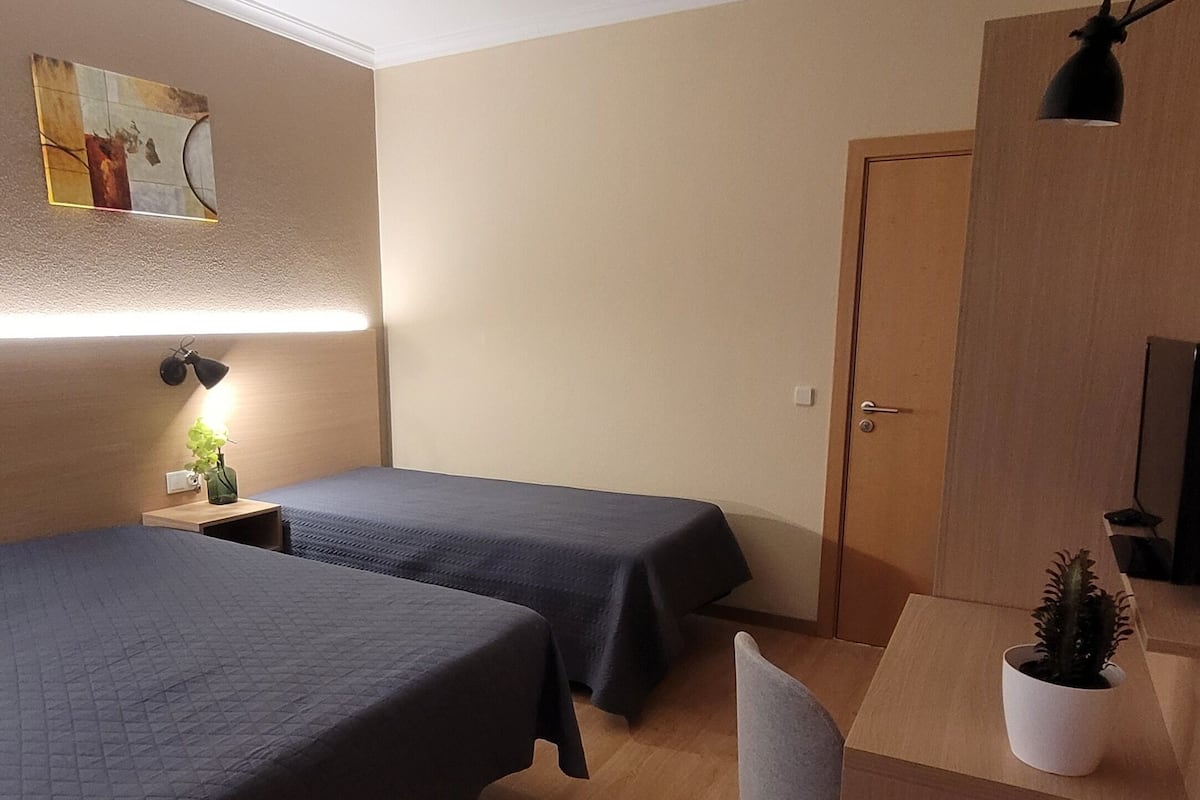 Una habitación con dos camas, un escritorio, una silla, una planta pequeña e iluminación en el techo.