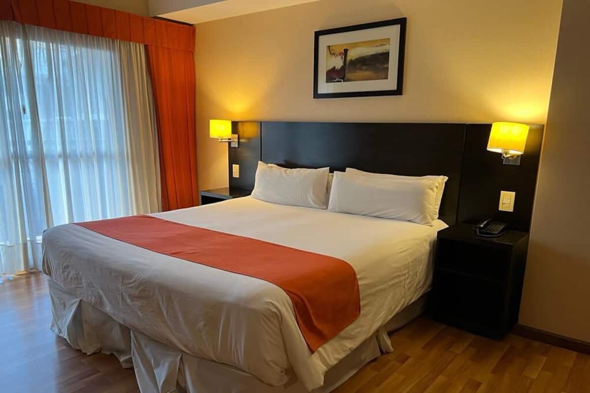 Une chambre d’hôtel avec un grand lit, deux lampes de chevet, une table de nuit et un tableau au mur.