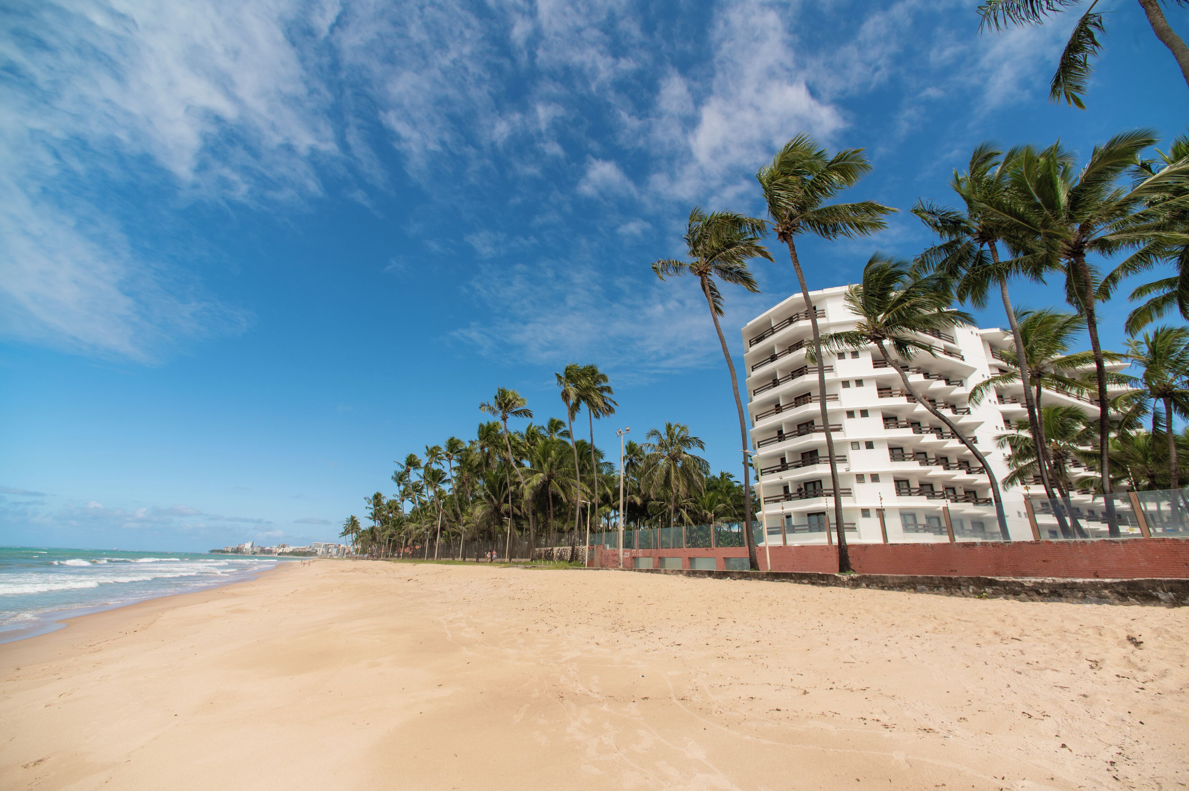 Hotel frente al mar con varios balcones, palmeras y una playa de arena.