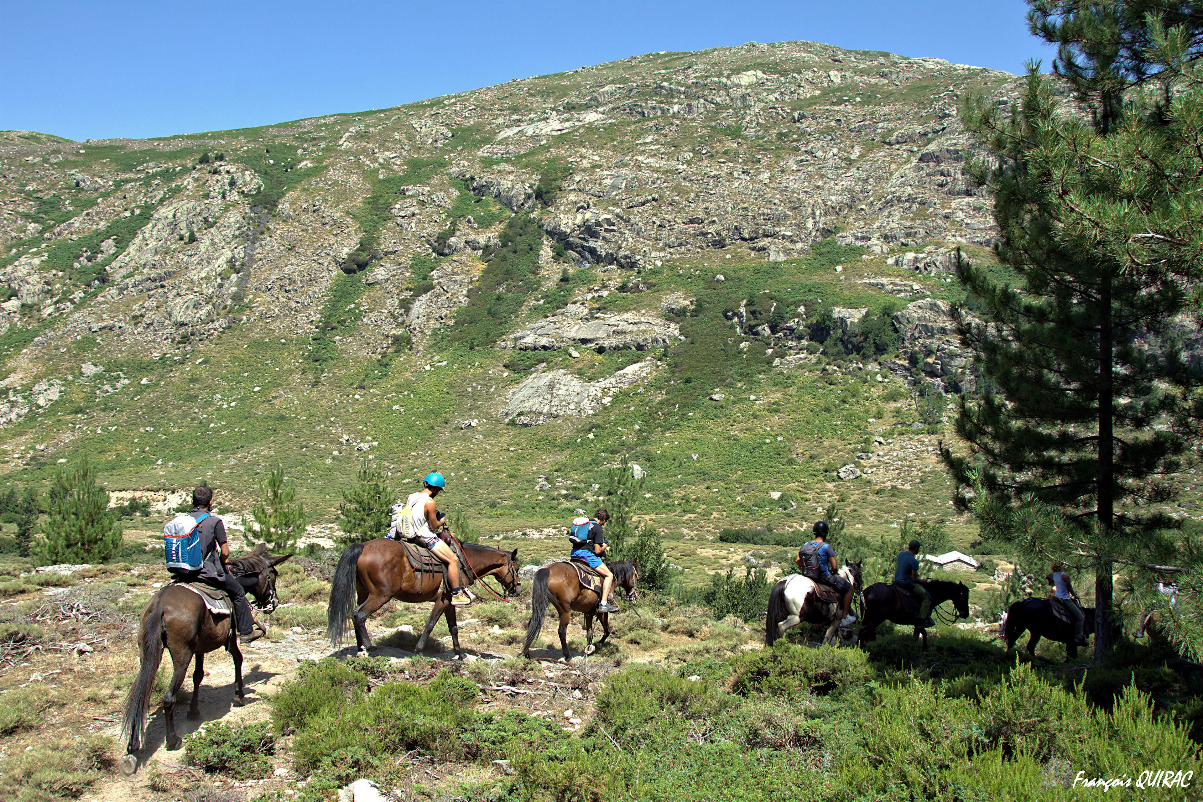 Un grupo de personas montando a caballo en una ladera rocosa con vegetación escasa y cielo despejado.