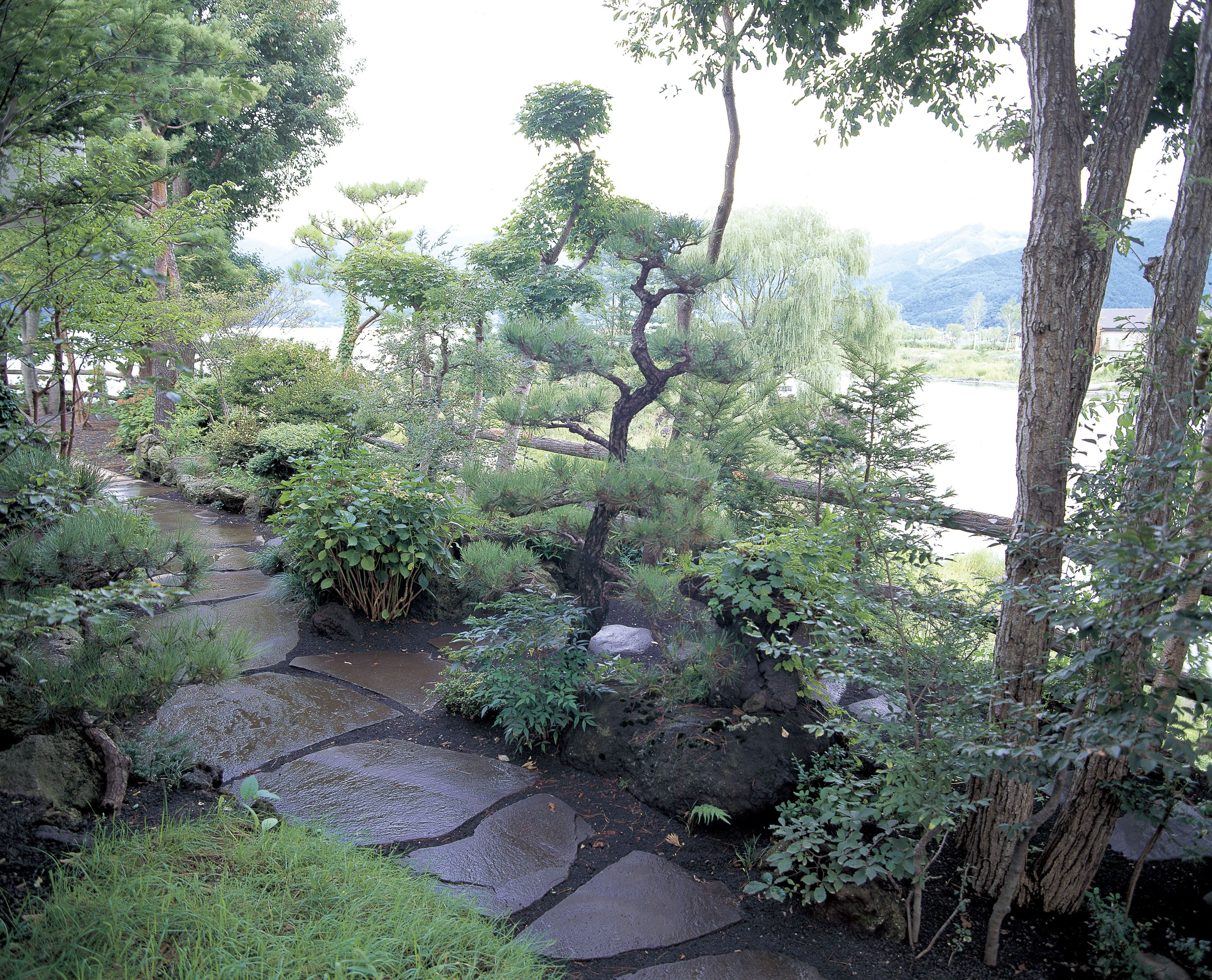 A serene garden with a stone pathway, various trees, and a body of water in the background.