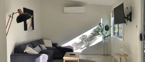 A modern living room with a grey sectional sofa, a small wooden table, a round woven rug, and a potted plant by a window.