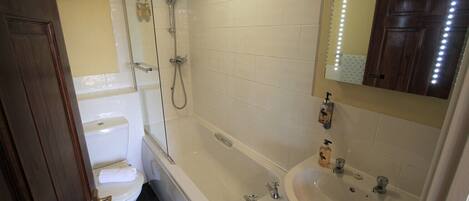 Ein Badezimmer mit Toilette, Badewanne, Dusche und Waschbecken.