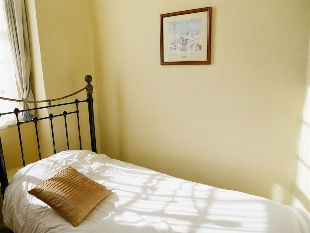 A single bed with a metal frame, a white mattress, and a brown pillow. A framed picture hangs on the wall above the bed.