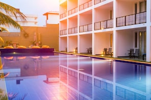 Indoor pool, outdoor pool, pool loungers