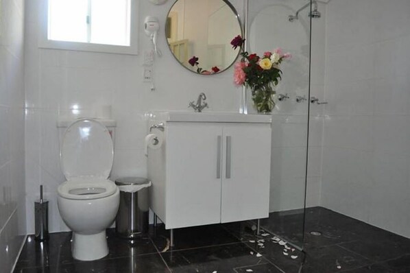 A bathroom with a toilet, sink, and shower.