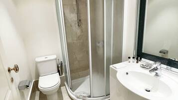 A modern bathroom with a glass-enclosed shower, a toilet, and a sink with a large mirror.