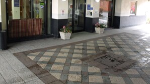 Hoteleingang mit einer Rezeption, einem Rauchverbotsschild und einem Blumenbeet.