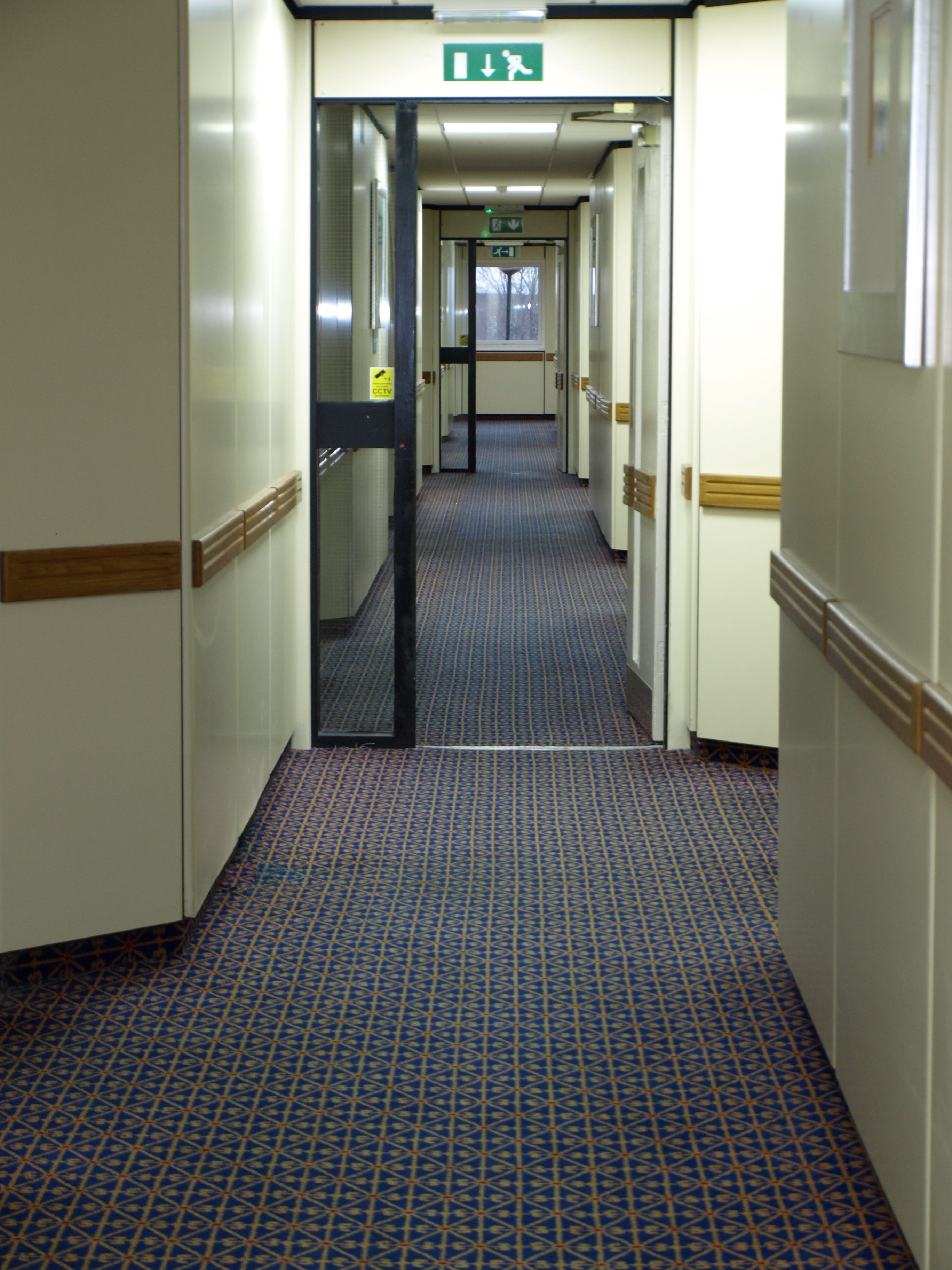 A hotel hallway with patterned carpet, doors on both sides, and an exit sign above the door.