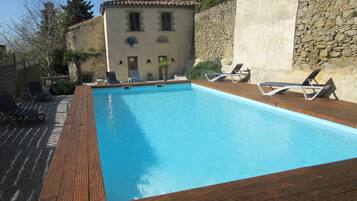 Outdoor pool, pool umbrellas, pool loungers